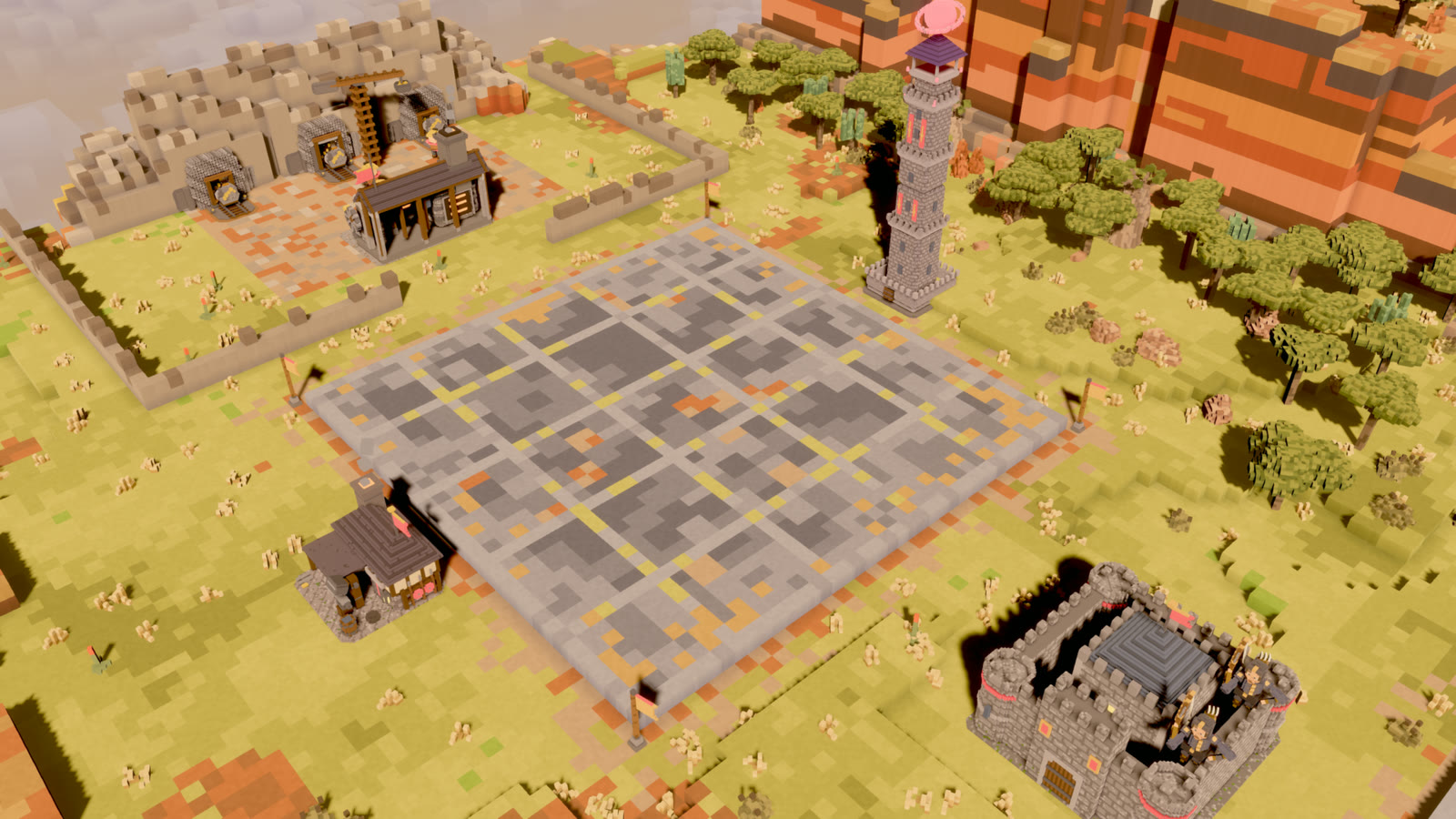 A build zone fills with works that train soldiers.