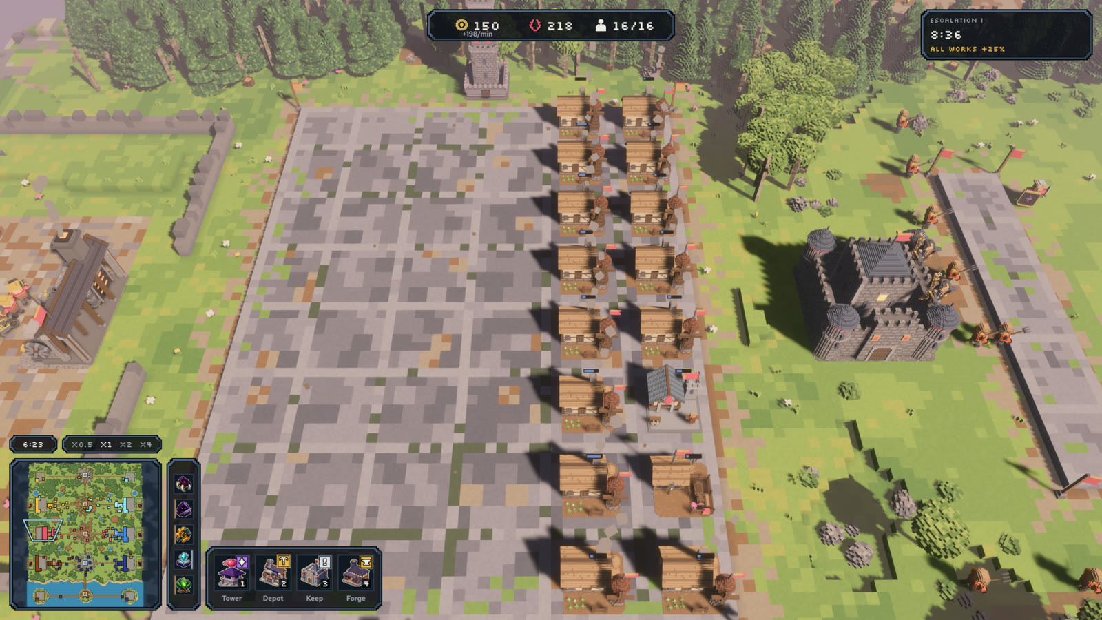 The game's interface: a lord's build zone, gold and supply, the minimap.